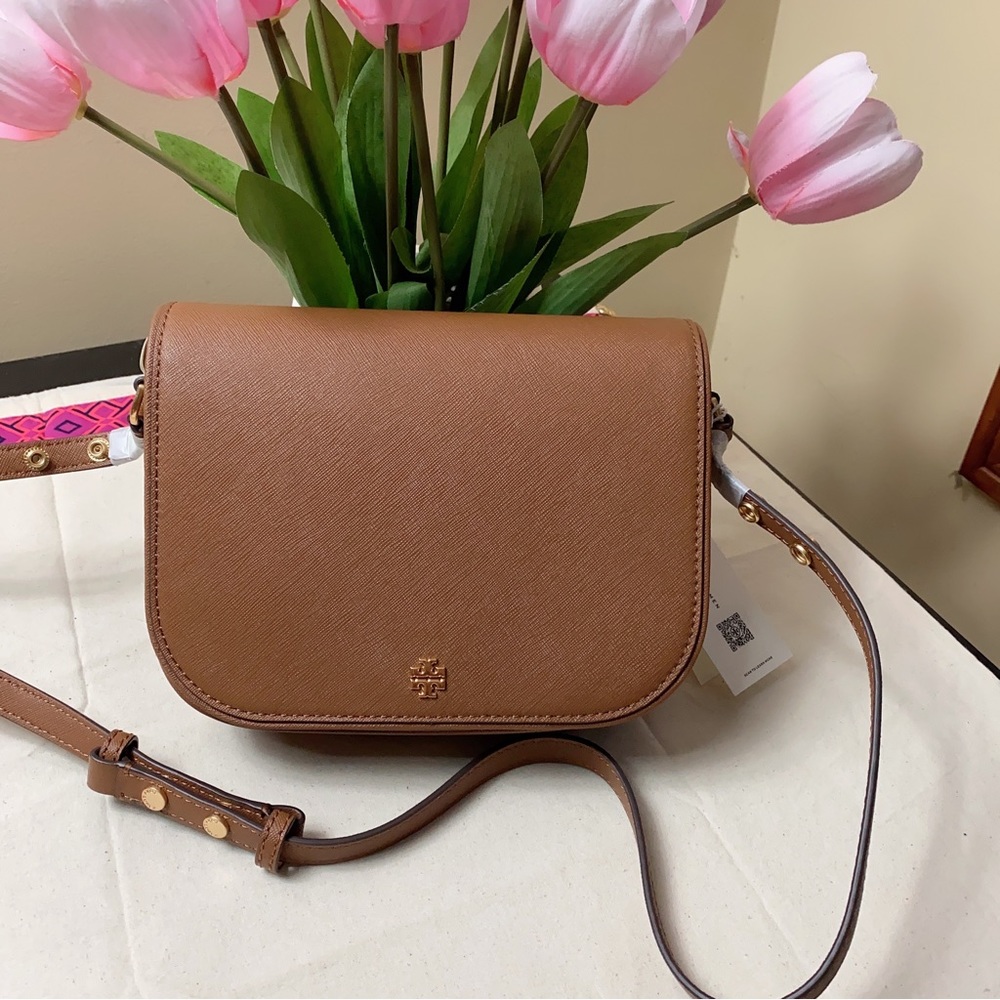 Tory Burch Emerson Womens Saffiano Leather Crossbody in moose